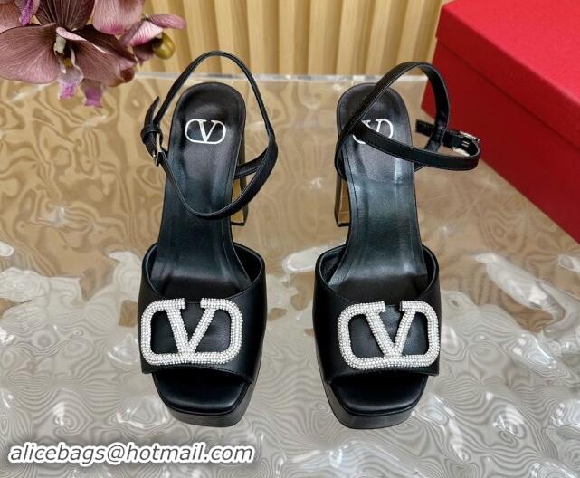 Good Quality Valentino Strass VLogo Satin Platform Sandals Black 118013