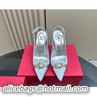 Good Quality Valentino The Bold Edition VLogo Satin Slingback Pumps 10cm with Strass Light Grey 1118018