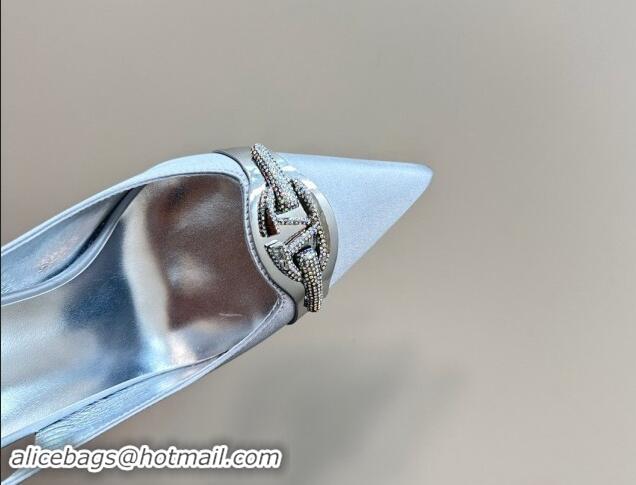 Good Quality Valentino The Bold Edition VLogo Satin Slingback Pumps 10cm with Strass Light Grey 1118018