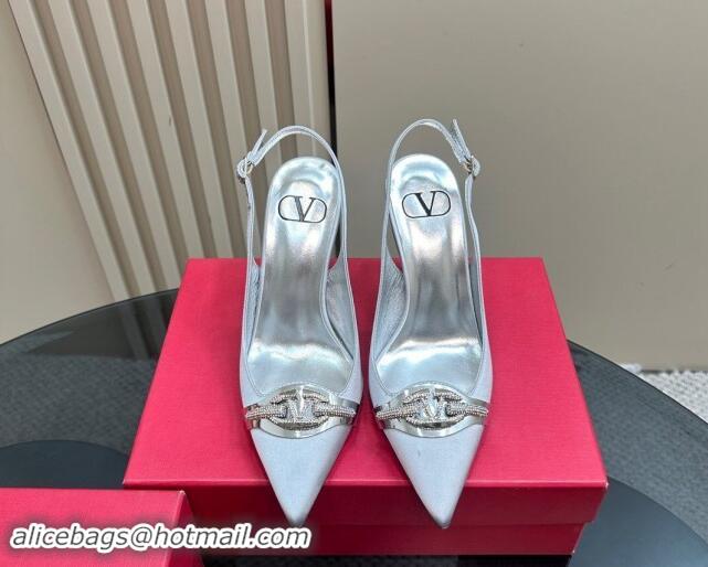 Good Quality Valentino The Bold Edition VLogo Satin Slingback Pumps 10cm with Strass Light Grey 1118018