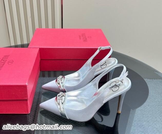 Good Quality Valentino The Bold Edition VLogo Satin Slingback Pumps 10cm with Strass Light Grey 1118018