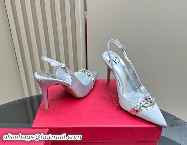 Good Quality Valentino The Bold Edition VLogo Satin Slingback Pumps 10cm with Strass Light Grey 1118018