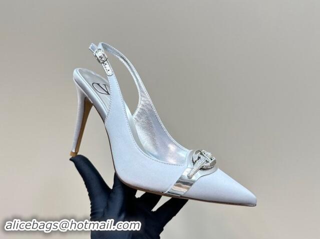 Good Quality Valentino The Bold Edition VLogo Satin Slingback Pumps 10cm with Strass Light Grey 1118018