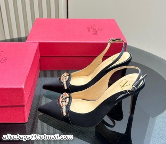 Unique Style Valentino The Bold Edition VLogo Satin Slingback Pumps 10cm with Strass Black 1118019