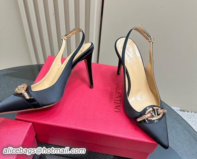 Unique Style Valentino The Bold Edition VLogo Satin Slingback Pumps 10cm with Strass Black 1118019