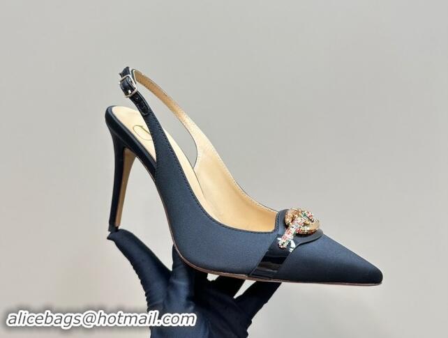 Unique Style Valentino The Bold Edition VLogo Satin Slingback Pumps 10cm with Strass Black 1118019