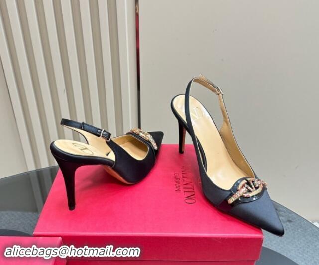 Unique Style Valentino The Bold Edition VLogo Satin Slingback Pumps 10cm with Strass Black 1118019