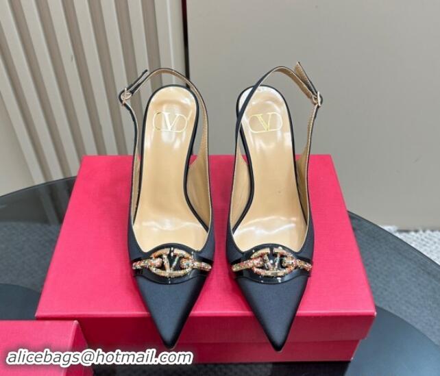 Unique Style Valentino The Bold Edition VLogo Satin Slingback Pumps 10cm with Strass Black 1118019