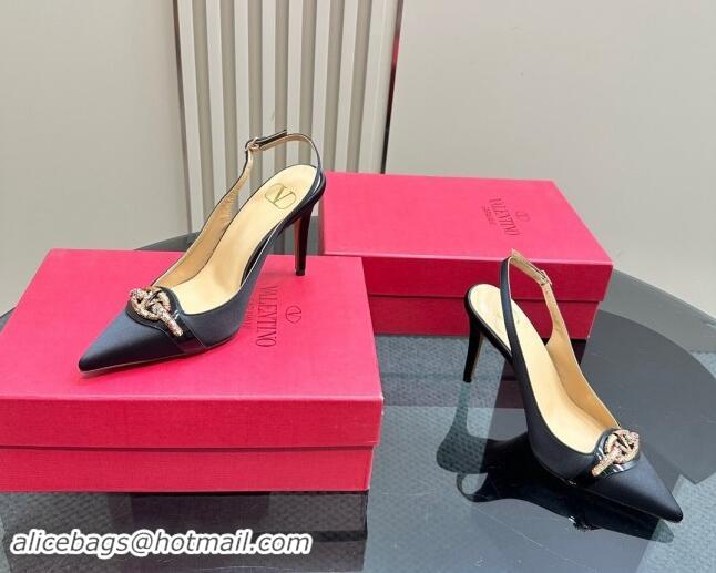 Unique Style Valentino The Bold Edition VLogo Satin Slingback Pumps 10cm with Strass Black 1118019