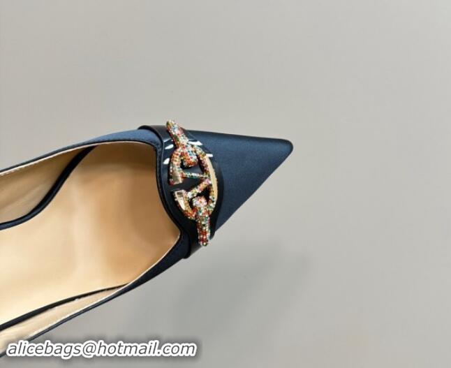 Unique Style Valentino The Bold Edition VLogo Satin Slingback Pumps 10cm with Strass Black 1118019