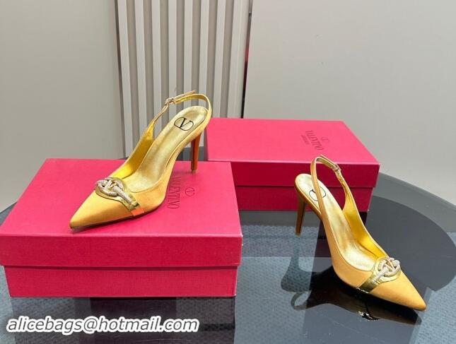 Top Grade Valentino The Bold Edition VLogo Satin Slingback Pumps 10cm with Strass Yellow 1118020