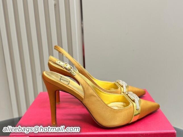 Top Grade Valentino The Bold Edition VLogo Satin Slingback Pumps 10cm with Strass Yellow 1118020