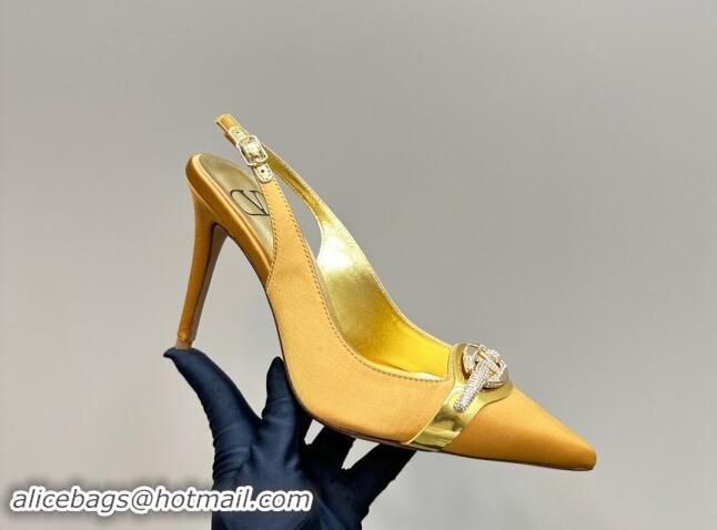 Top Grade Valentino The Bold Edition VLogo Satin Slingback Pumps 10cm with Strass Yellow 1118020