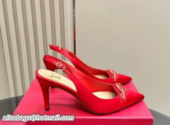 Charming Valentino The Bold Edition VLogo Satin Slingback Pumps 8cm with Strass Red 1118021