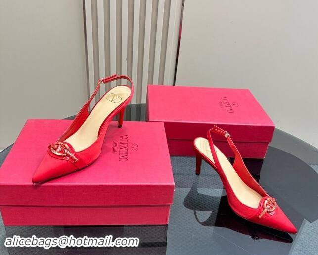 Charming Valentino The Bold Edition VLogo Satin Slingback Pumps 8cm with Strass Red 1118021