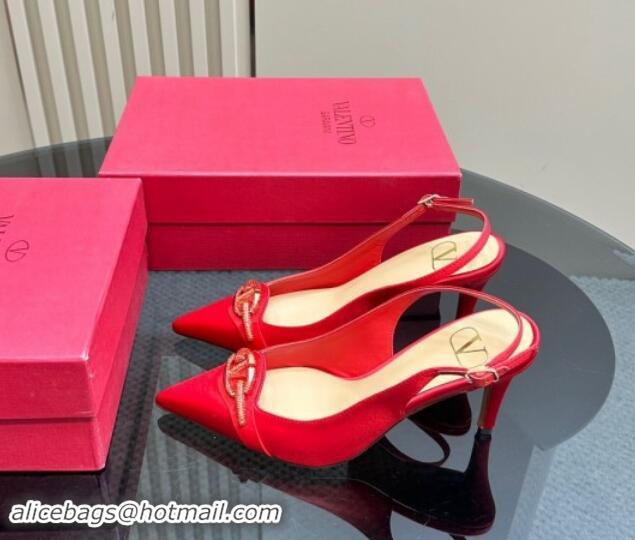 Charming Valentino The Bold Edition VLogo Satin Slingback Pumps 8cm with Strass Red 1118021