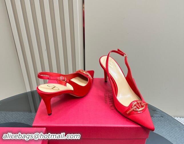 Charming Valentino The Bold Edition VLogo Satin Slingback Pumps 8cm with Strass Red 1118021