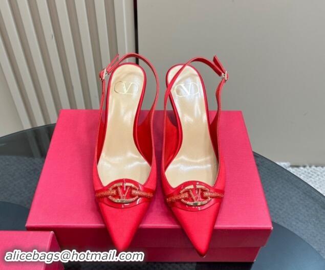 Charming Valentino The Bold Edition VLogo Satin Slingback Pumps 8cm with Strass Red 1118021