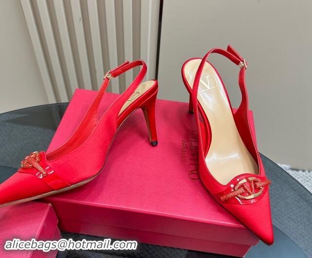 Charming Valentino The Bold Edition VLogo Satin Slingback Pumps 8cm with Strass Red 1118021