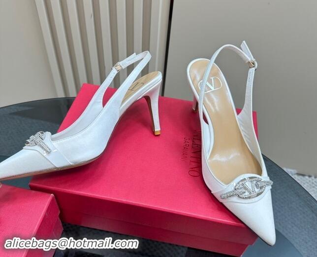 Purchase Valentino The Bold Edition VLogo Satin Slingback Pumps 8cm with Strass White 1118022