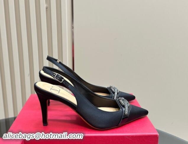 Good Looking Valentino The Bold Edition VLogo Satin Slingback Pumps 8cm with Strass Black 1118023