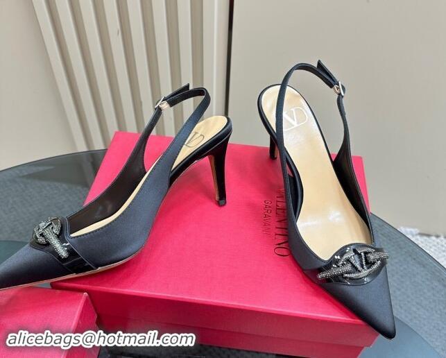 Good Looking Valentino The Bold Edition VLogo Satin Slingback Pumps 8cm with Strass Black 1118023