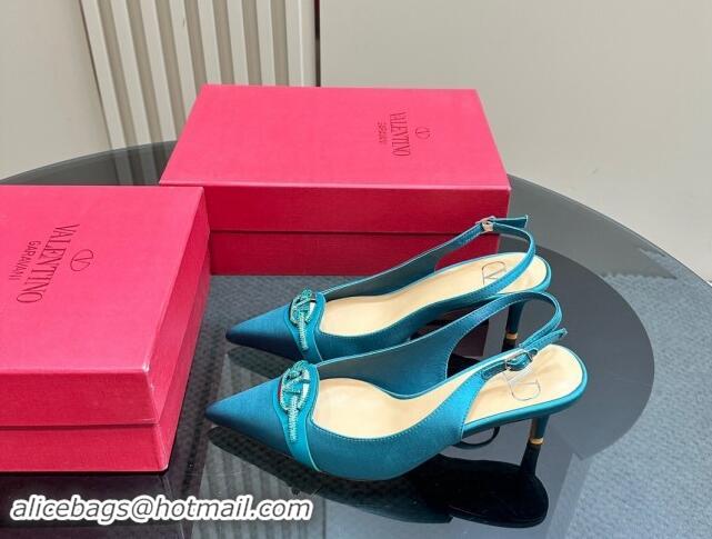 Best Product Valentino The Bold Edition VLogo Satin Slingback Pumps 6.5cm with Strass Blue 1118024