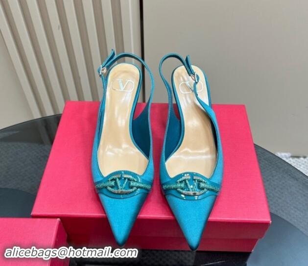 Best Product Valentino The Bold Edition VLogo Satin Slingback Pumps 6.5cm with Strass Blue 1118024