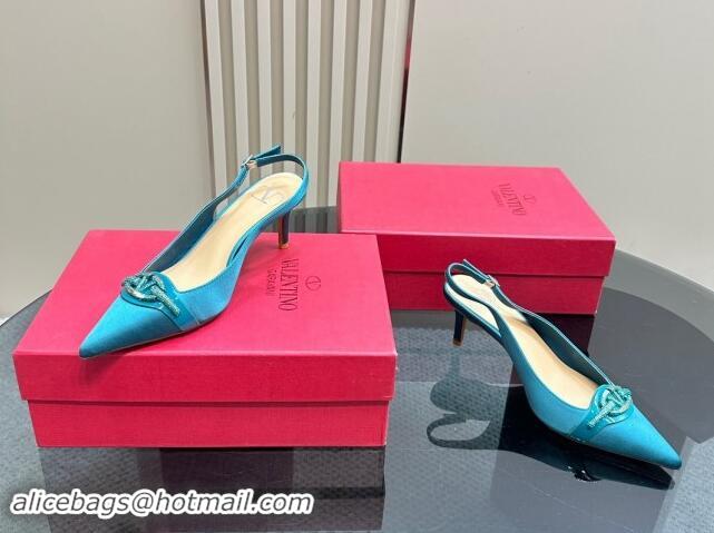 Best Product Valentino The Bold Edition VLogo Satin Slingback Pumps 6.5cm with Strass Blue 1118024