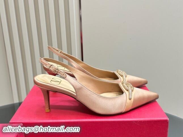 Pretty Style Valentino The Bold Edition VLogo Satin Slingback Pumps 6.5cm with Strass Beige 118026