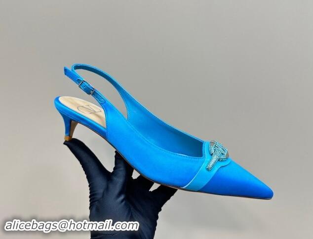 Good Quality Valentino The Bold Edition VLogo Satin Slingback Pumps 4cm with Strass Blue 1118027