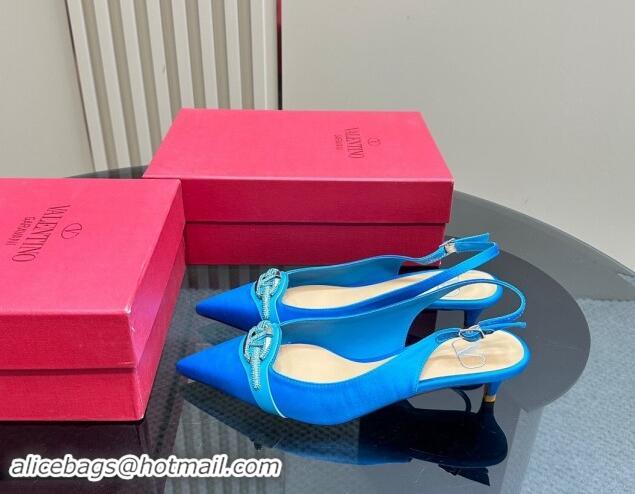 Good Quality Valentino The Bold Edition VLogo Satin Slingback Pumps 4cm with Strass Blue 1118027