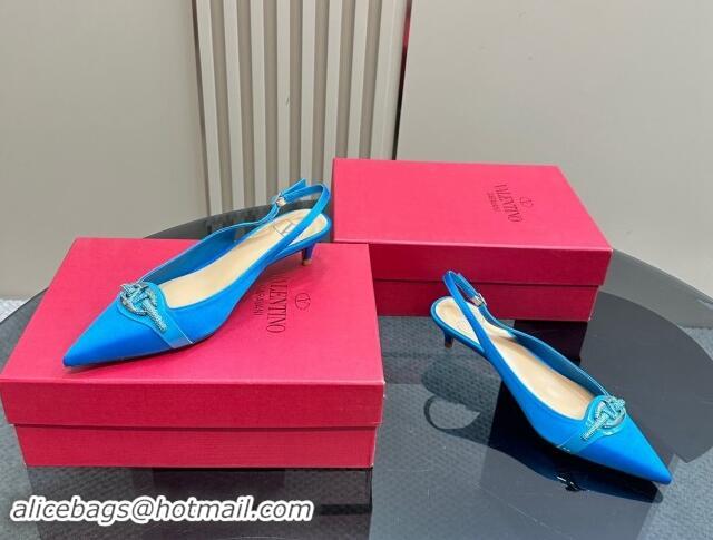 Good Quality Valentino The Bold Edition VLogo Satin Slingback Pumps 4cm with Strass Blue 1118027