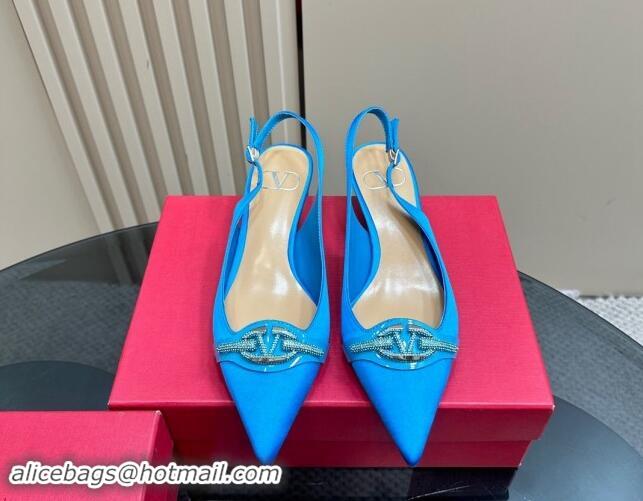 Good Quality Valentino The Bold Edition VLogo Satin Slingback Pumps 4cm with Strass Blue 1118027