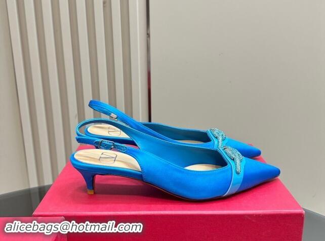 Good Quality Valentino The Bold Edition VLogo Satin Slingback Pumps 4cm with Strass Blue 1118027