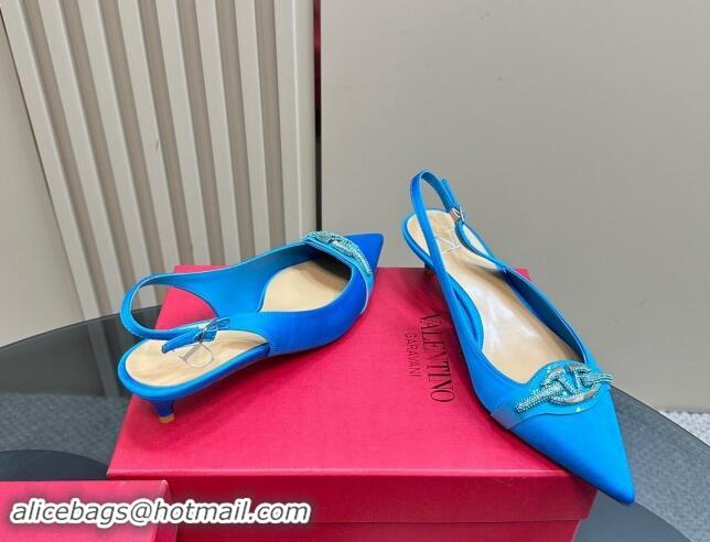 Good Quality Valentino The Bold Edition VLogo Satin Slingback Pumps 4cm with Strass Blue 1118027