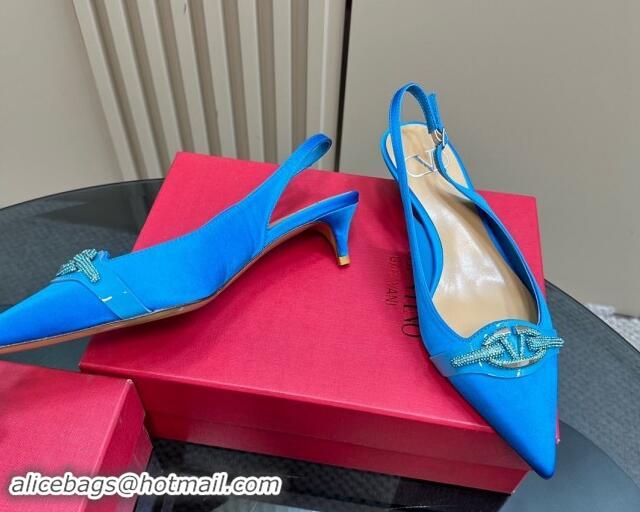 Good Quality Valentino The Bold Edition VLogo Satin Slingback Pumps 4cm with Strass Blue 1118027