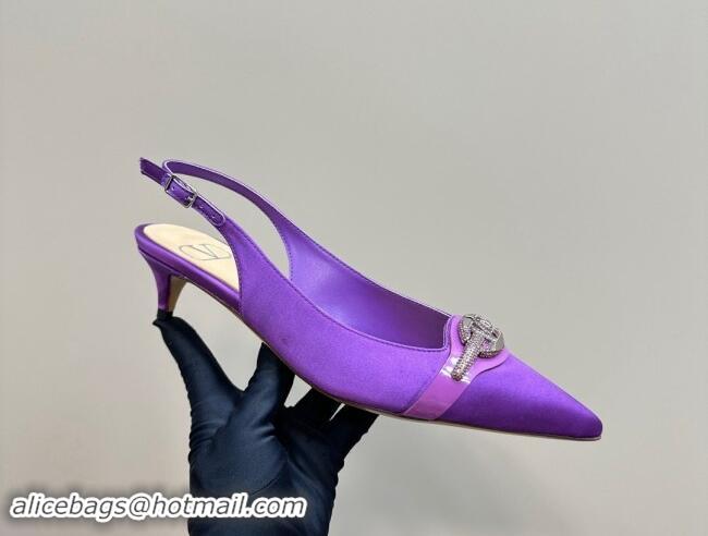 Best Grade Valentino The Bold Edition VLogo Satin Slingback Pumps 4cm with Strass Purple 1118028