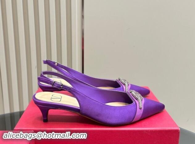 Best Grade Valentino The Bold Edition VLogo Satin Slingback Pumps 4cm with Strass Purple 1118028