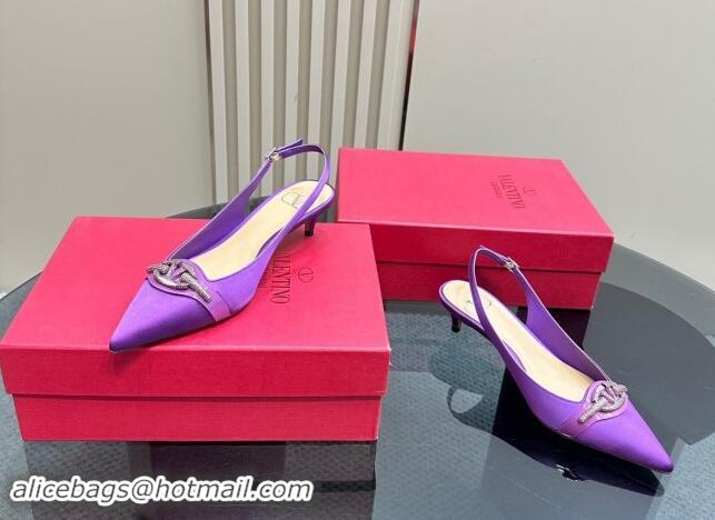 Best Grade Valentino The Bold Edition VLogo Satin Slingback Pumps 4cm with Strass Purple 1118028