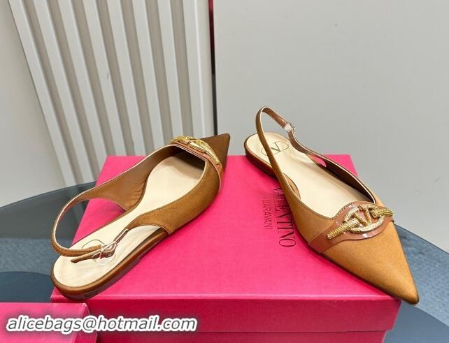 Shop Duplicate Valentino The Bold Edition VLogo Satin Slingback Ballerinas Flats with Strass Gold-Brown 1118032