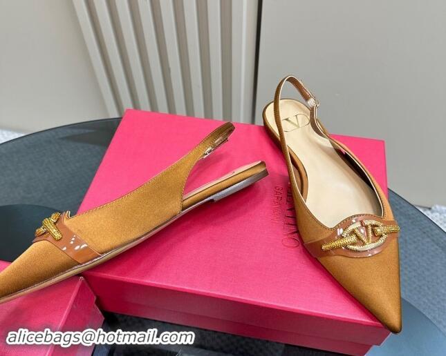 Shop Duplicate Valentino The Bold Edition VLogo Satin Slingback Ballerinas Flats with Strass Gold-Brown 1118032