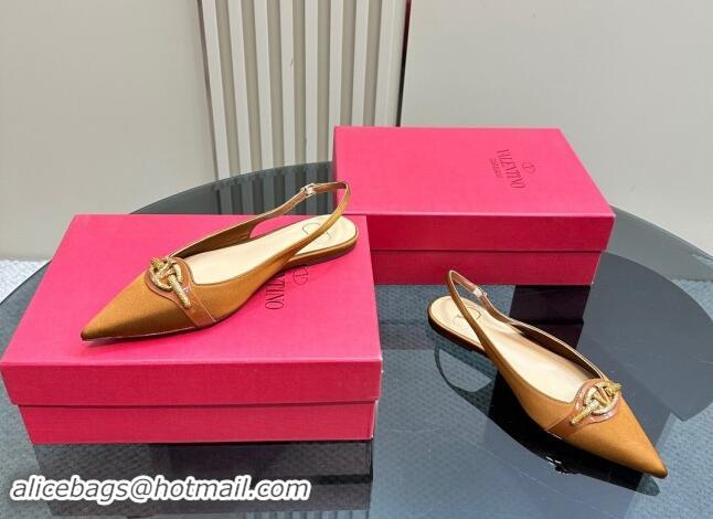 Shop Duplicate Valentino The Bold Edition VLogo Satin Slingback Ballerinas Flats with Strass Gold-Brown 1118032