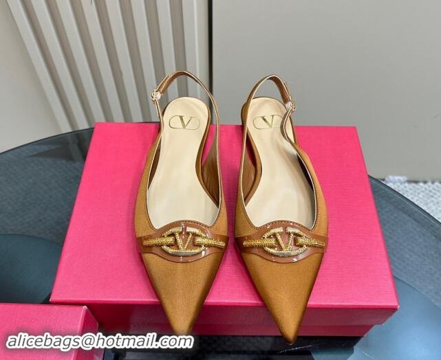 Shop Duplicate Valentino The Bold Edition VLogo Satin Slingback Ballerinas Flats with Strass Gold-Brown 1118032