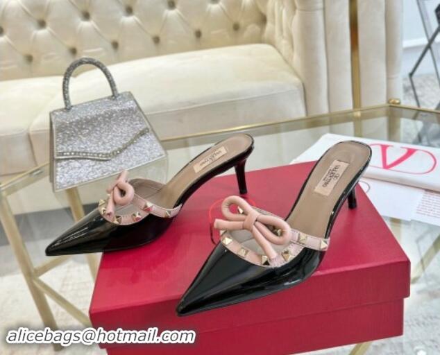 Grade Quality Valentino Rockstud Mules 6cm with Bow in Patent Calfskin Black/Pink 1118033