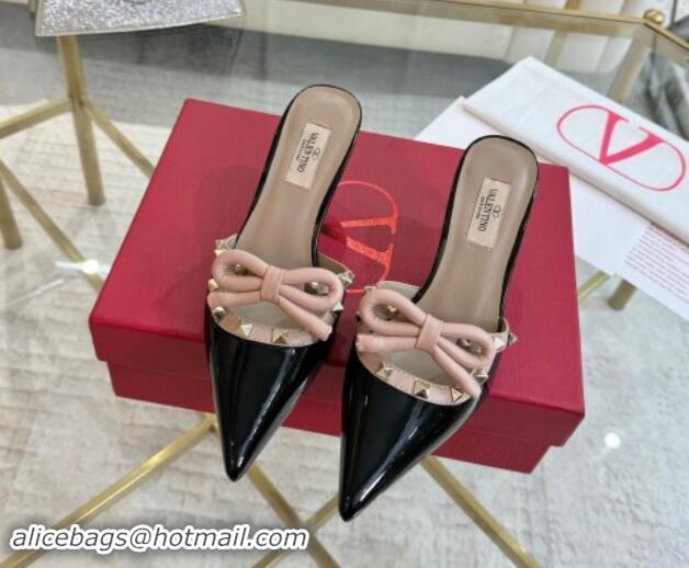 Grade Quality Valentino Rockstud Mules 6cm with Bow in Patent Calfskin Black/Pink 1118033