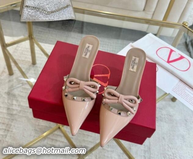 Classic Hot Valentino Rockstud Mules 6cm with Bow in Patent Calfskin Dusty Pink 1118034