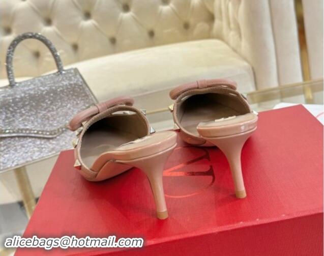 Classic Hot Valentino Rockstud Mules 6cm with Bow in Patent Calfskin Dusty Pink 1118034