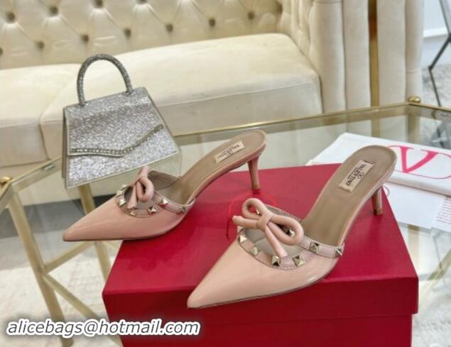 Classic Hot Valentino Rockstud Mules 6cm with Bow in Patent Calfskin Dusty Pink 1118034