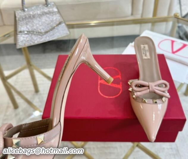 Classic Hot Valentino Rockstud Mules 6cm with Bow in Patent Calfskin Dusty Pink 1118034